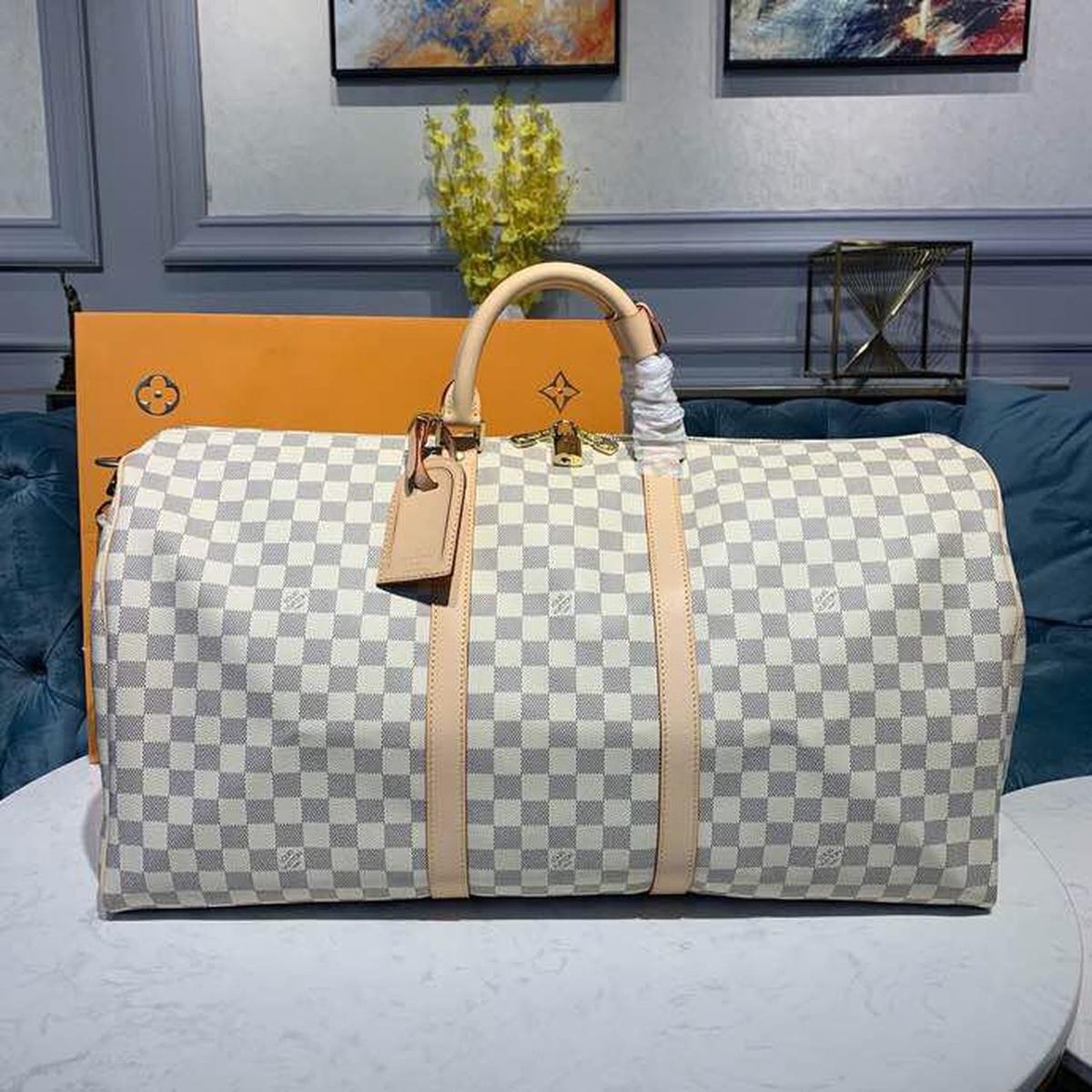 Louis Vuitton Keepall Bandoulière 55 Sac de voyage 21.7in/ 55cm Damier Azur Gold Hardware N41429
