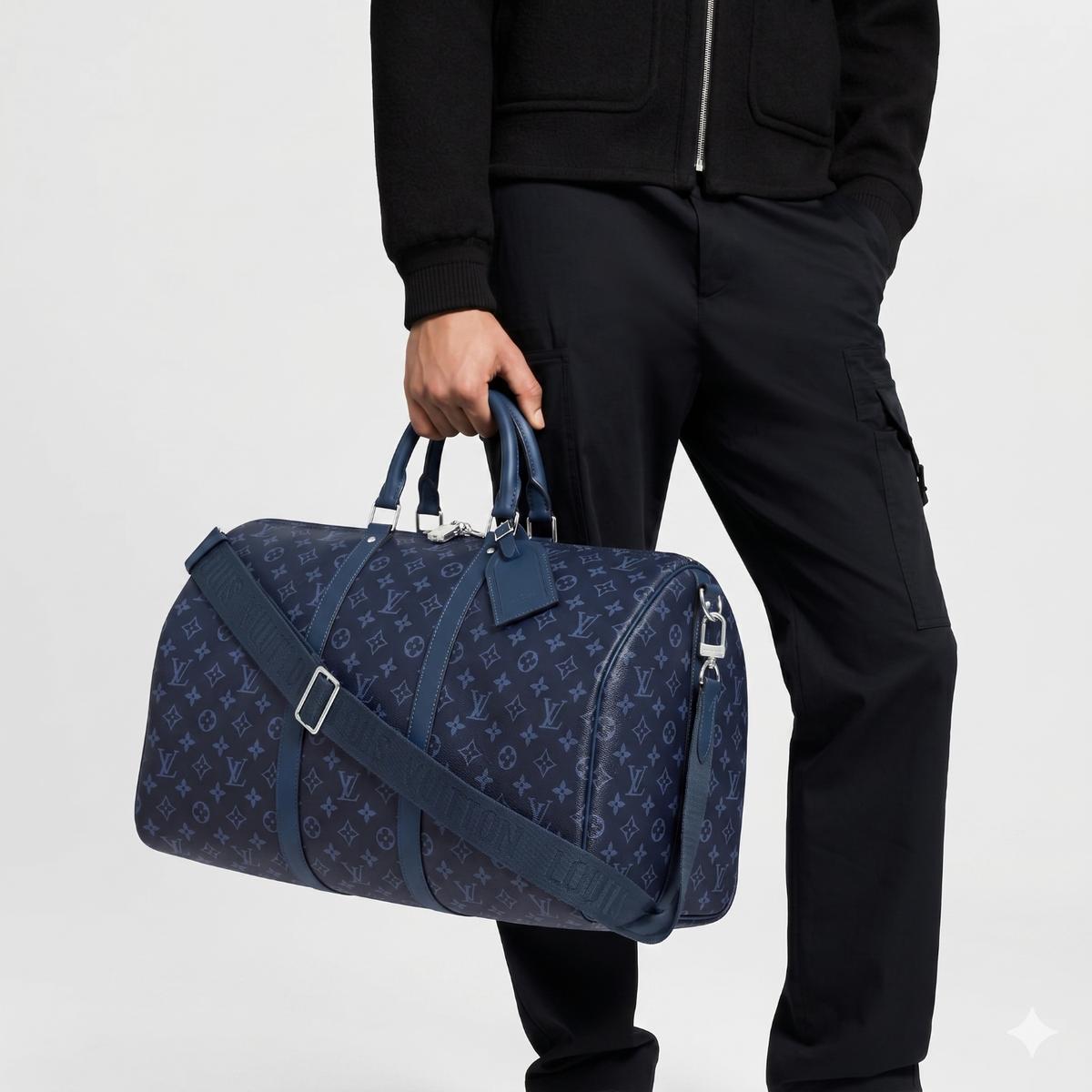 Louis Vuitton Keepall Bandouliere 55 Travel Bag 21.7in/ 55cm Navy Blue Silver Hardware For Men M11558