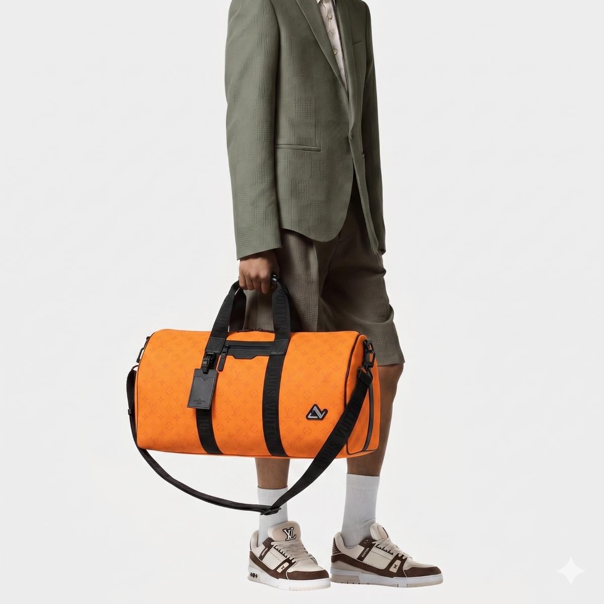 Louis Vuitton Keepall Sport Travel Bag 21.7in/ 55cm Orange Black Hardware For Men M12724