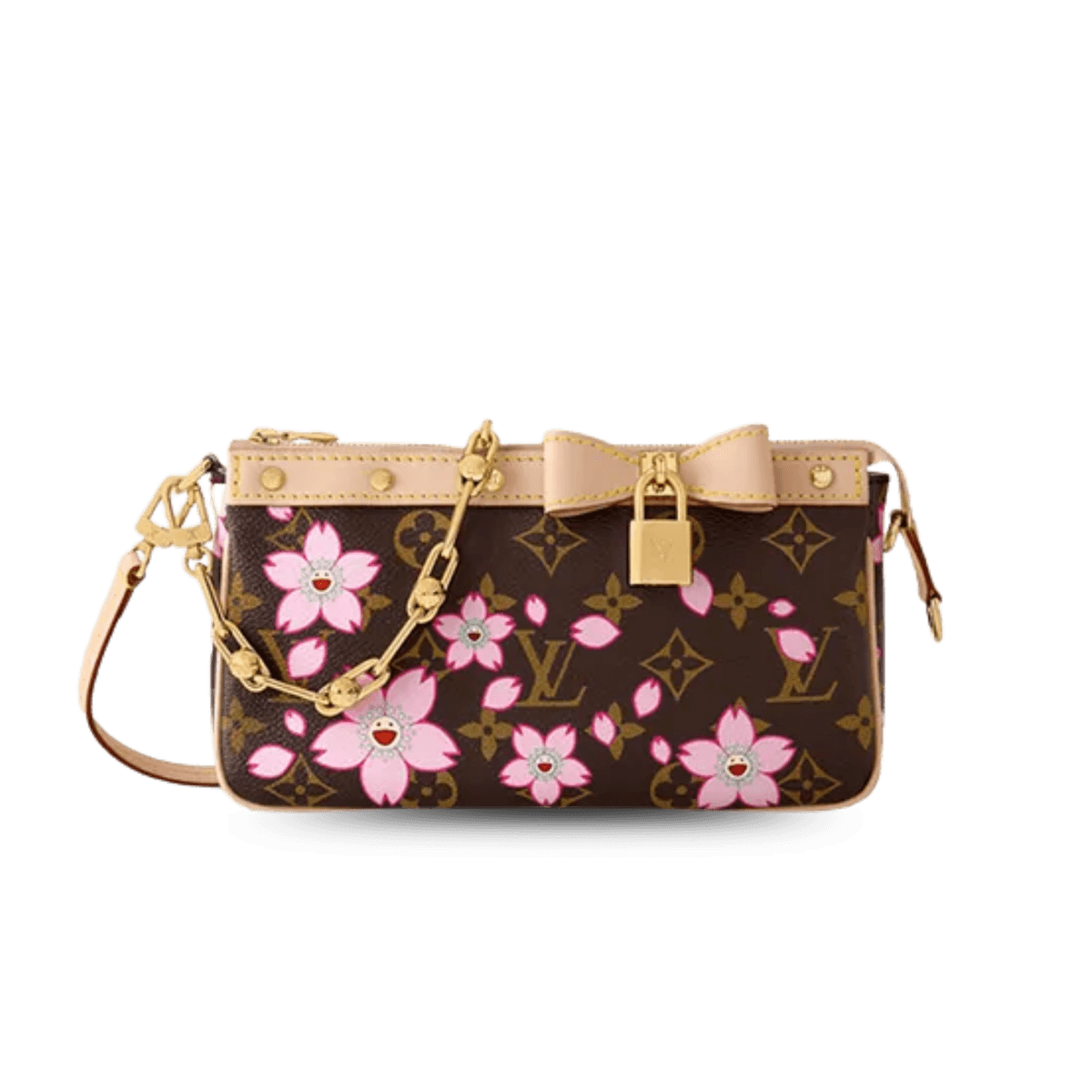 Louis Vuitton LV x Murakami Pochette Accessoires Shoulder Bag 8.7in/ 22cm Sakura Brown Gold Hardware For Women M13666