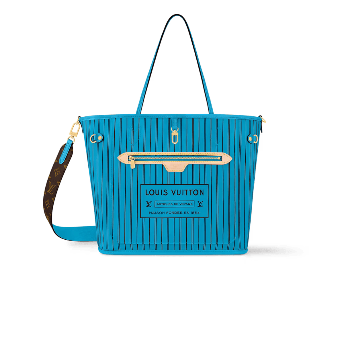 Louis Vuitton Neverfull Bandouliere Inside Out MM Tote Bag 12.2in/ 31cm Gaston Blue Gold Hardware For Women M13753