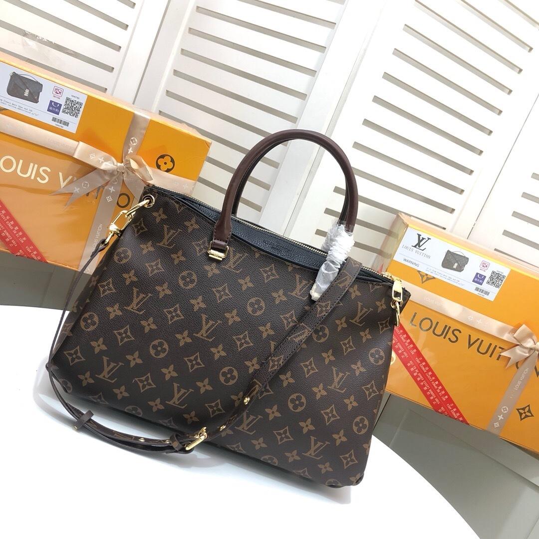 Louis Vuitton Pallas MM Tote Bag 13.4in/ 34cm Brown/ Black Monogram Gold Hardware For Women
