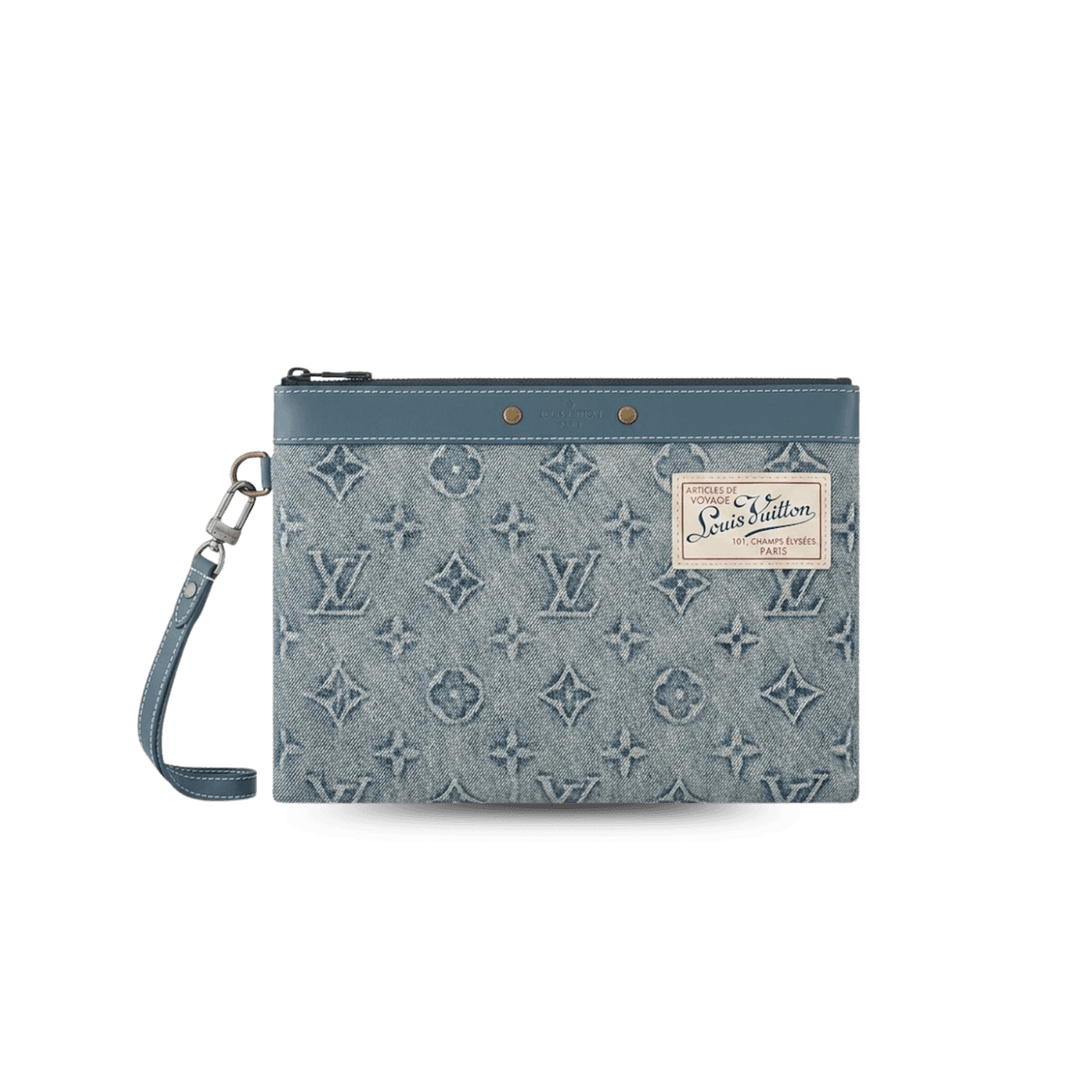 Louis Vuitton Pochette To Go Pouch 11.8in /30cm Blue Monogram Washed Denim Canvas Silver Hardware For Men M82313