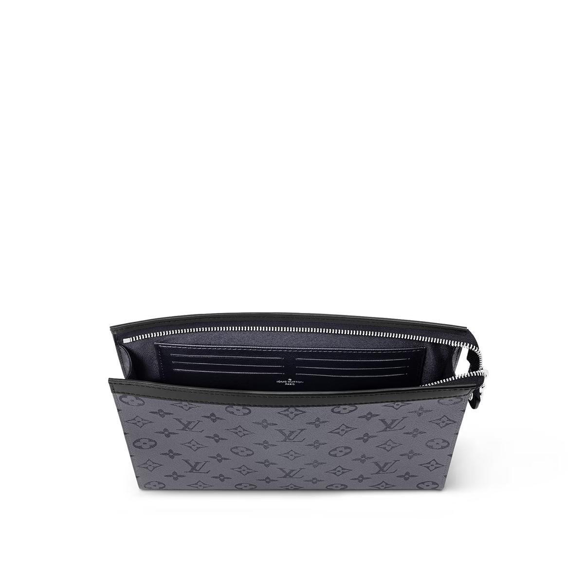 Louis Vuitton Pochette Voyage MM Pouch 10.6in/ 27cm Grey Monogram Eclipse Silver Hardware For Men M69535