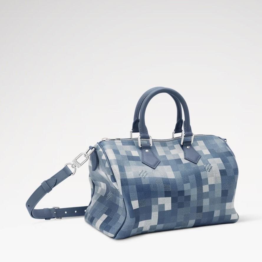 Louis Vuitton Speedy 30 Bandouliere Top Handle Bag 13.4in/ 34cm Indigo Blue Damoflage Silver Hardware For Men M28978