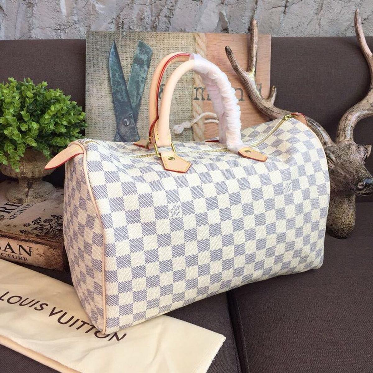 Louis Vuitton Speedy 35 Top Handle Bag 13.8in/ 35cm White Damier Azur Canvas Gold Hardware For Women N41369