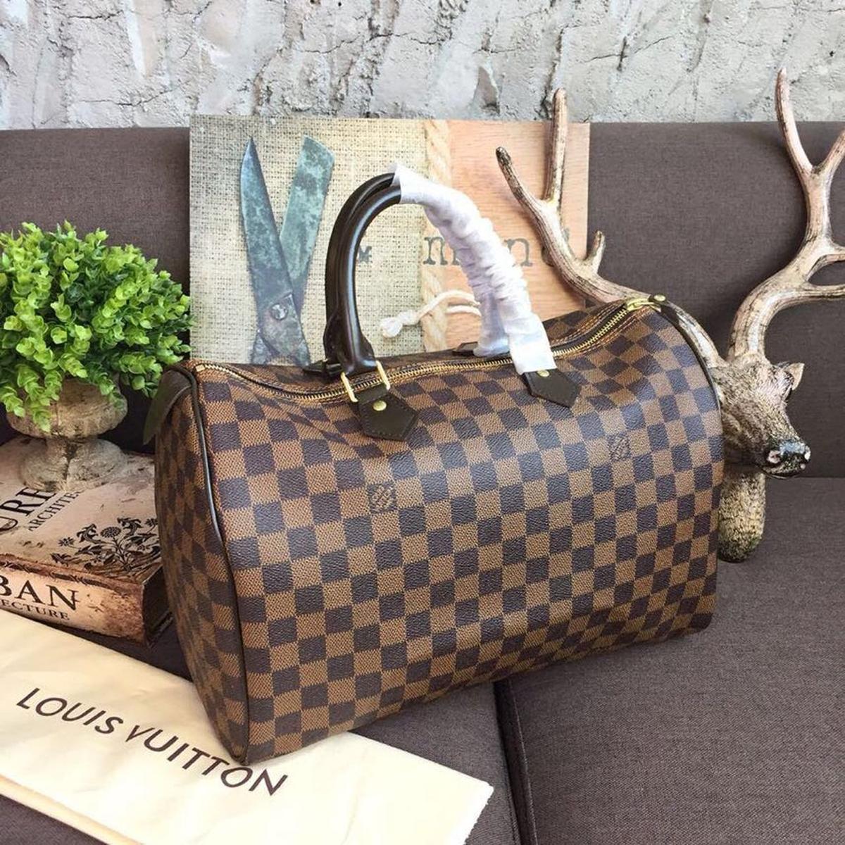 Louis Vuitton Speedy 35 Top Handle Bag 13.8in/ 35cm Brown Damier Ebene Canvas Gold Hardware For Women N41363