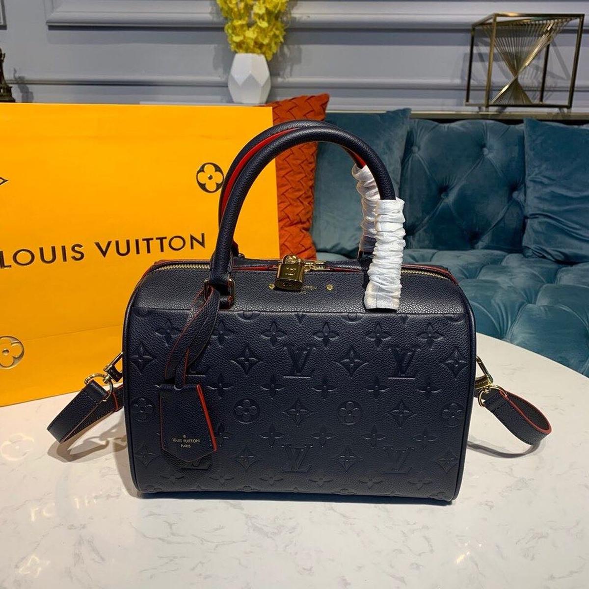 Louis Vuitton Speedy Bandouliere 25 Top Handle Bag 9.8in/ 25cm Navy Blue Monogram Empreinte Gold Hardware For Women