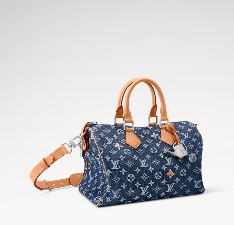 Louis Vuitton Speedy Bandouliere 30 Top Poignée Sac 13.4in/ 34cm Bleu Monogramme Fleurs Denim Argent Matériel pour hommes M27556