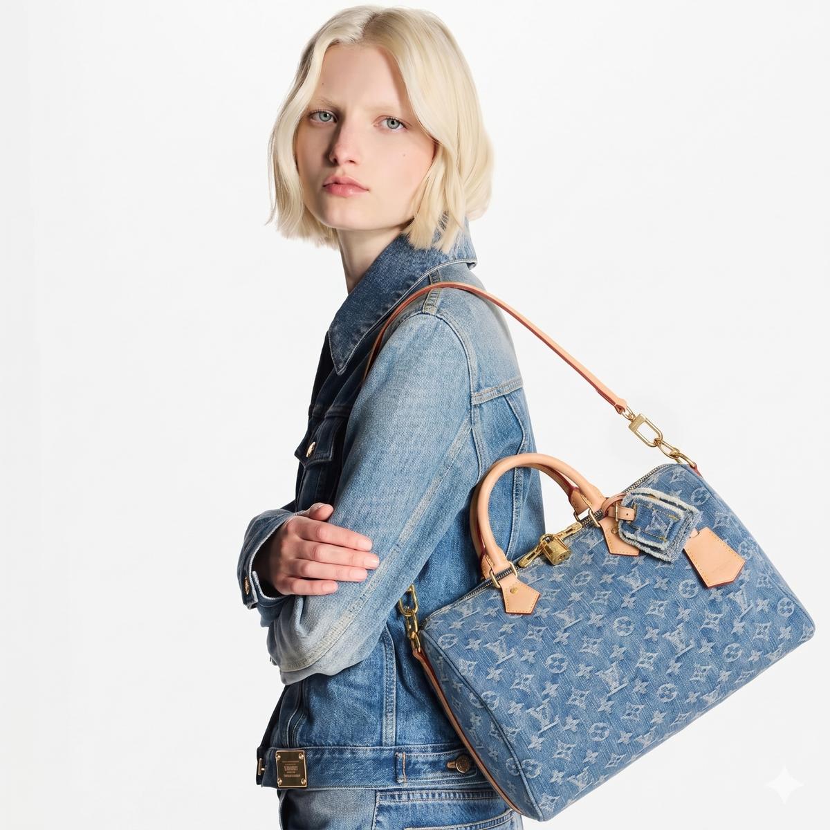Louis Vuitton Speedy Soft 30 Top Handle Bag 11.8in/ 30cm Blue Denim Gold Hardware For Women M14430