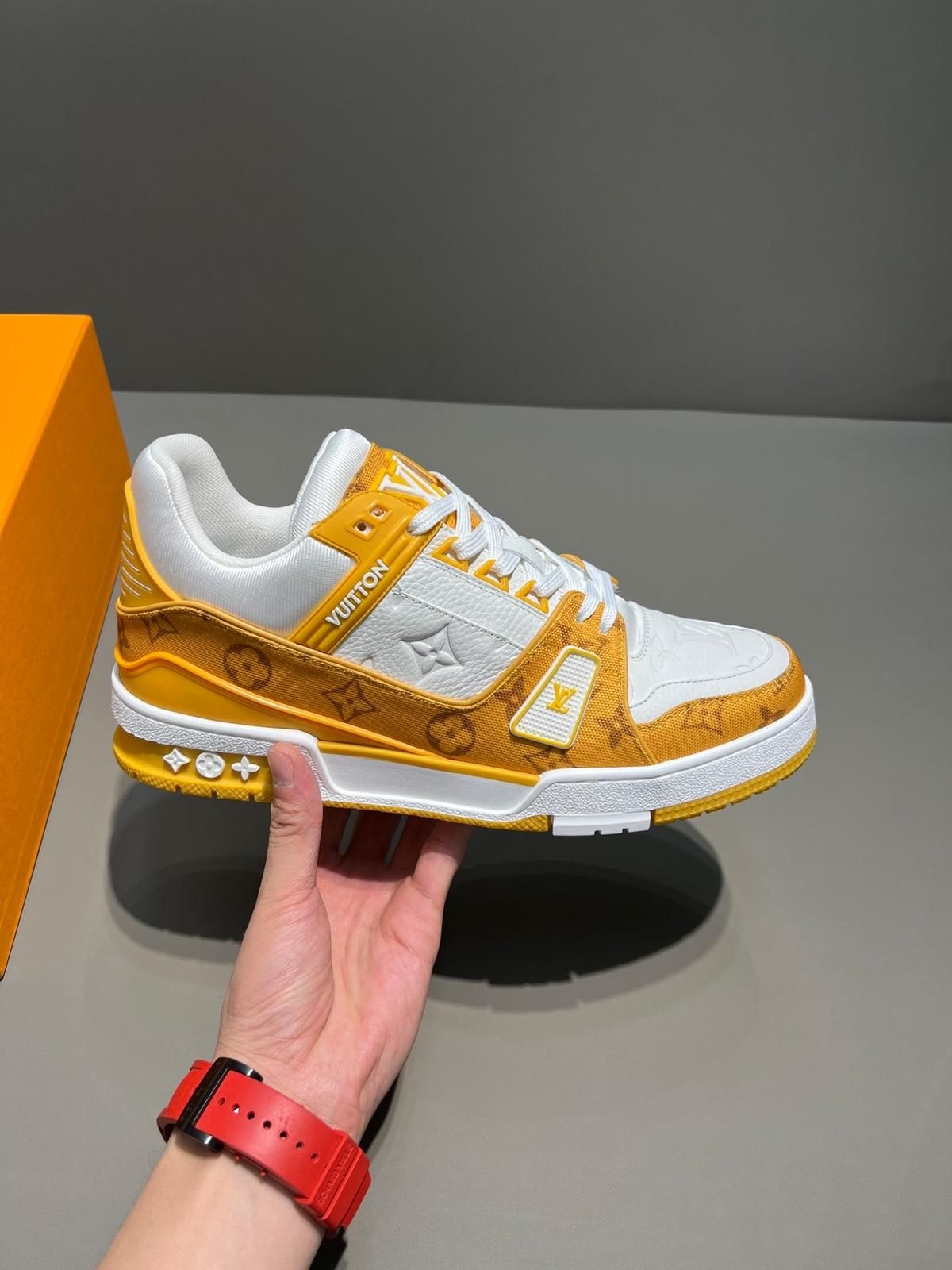 Louis Vuitton Trainer Sneaker Monogram Denim Yellow Virgil Abloh For Men LV 1A9JHJ