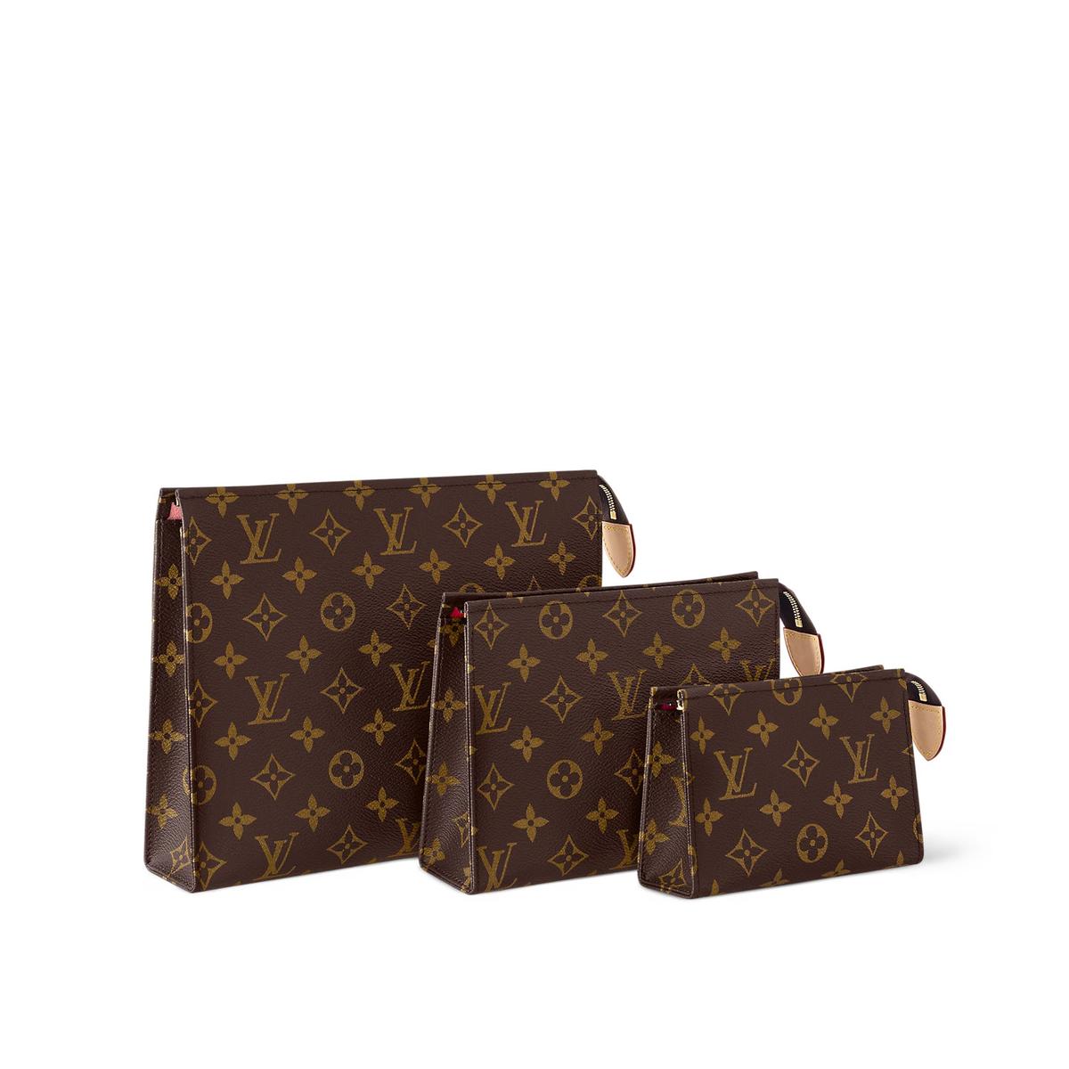Louis Vuitton Trio Toilet Pouch 9.8in/ 25cm Brown Monogram Gold Hardware For Women M47195