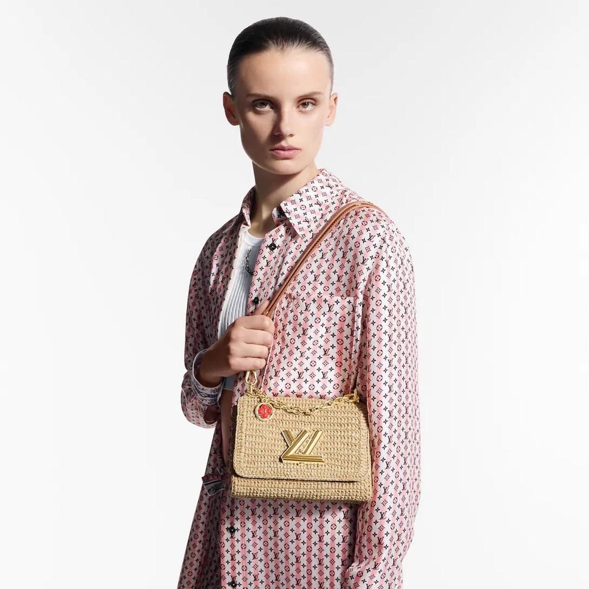 Louis Vuitton Twist PM Slim Sac à épaule 7,5 po/ 19 cm Équipement d'or Raffia brun pour femmes M14309