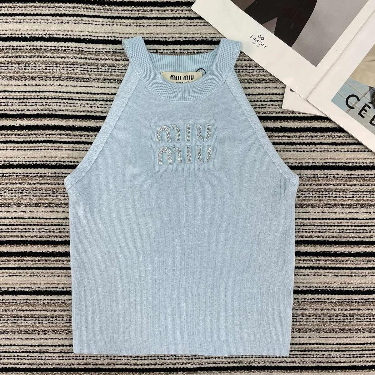 Miu Miu Crystal Logo Tank Top Sky Blue For Women