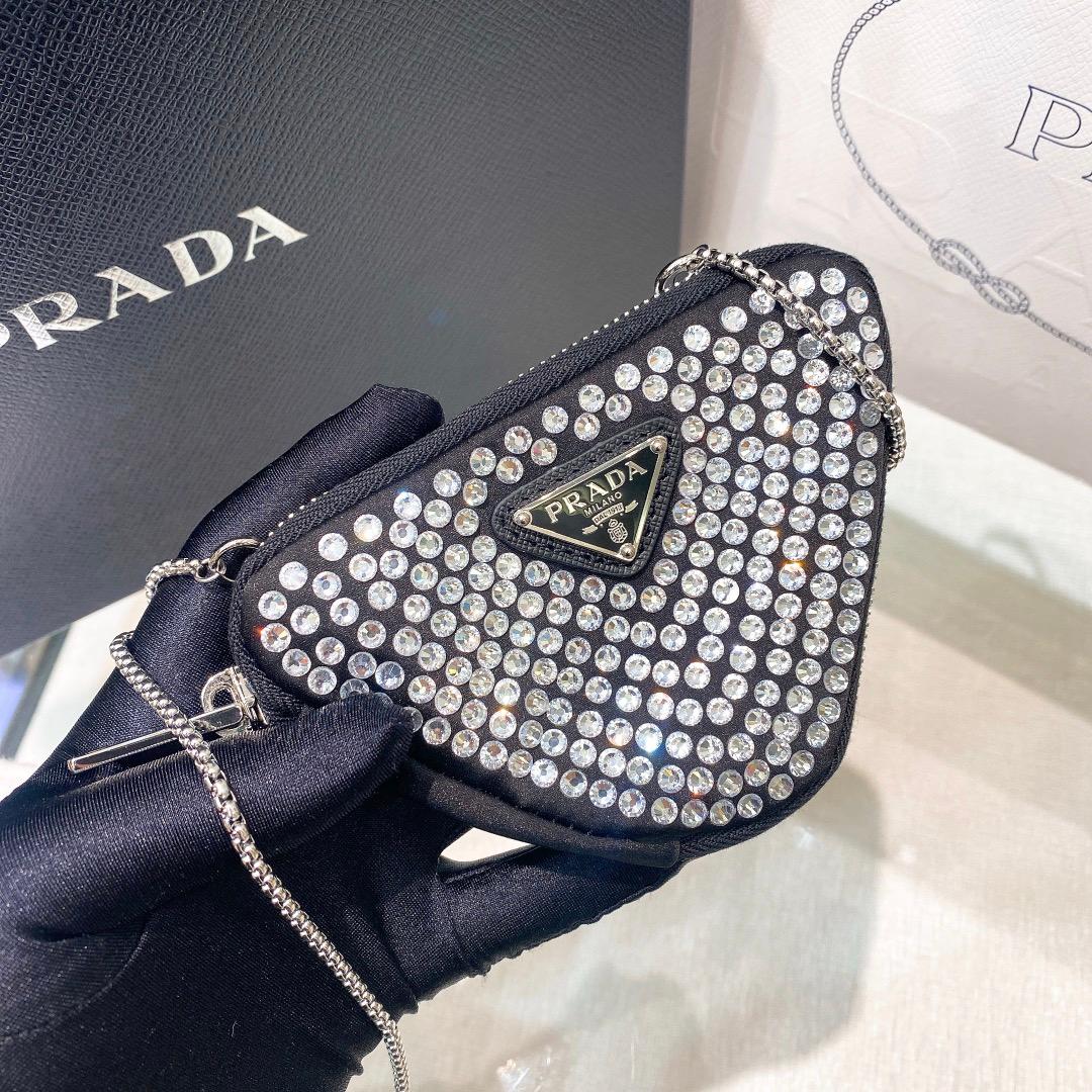 Prada Mini- Pochette avec des cristaux artificiels Sac noir pour les femmes 3,9 po/ 10 cm 1NR005 2AWL F0T7O