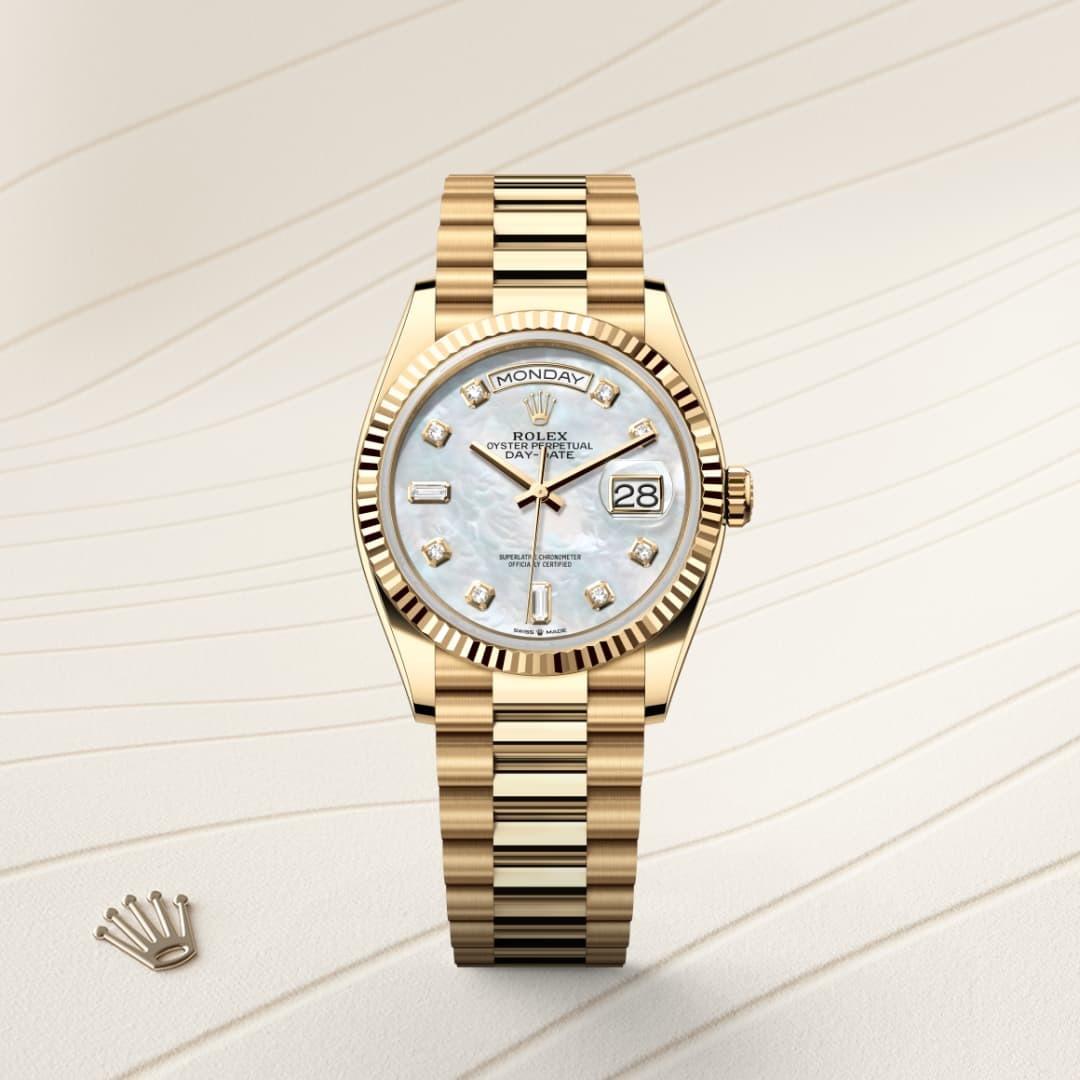 Rolex Day-Date 36 Watch Gold Toned White Pearl Dial 36mm For Men 128238-0011