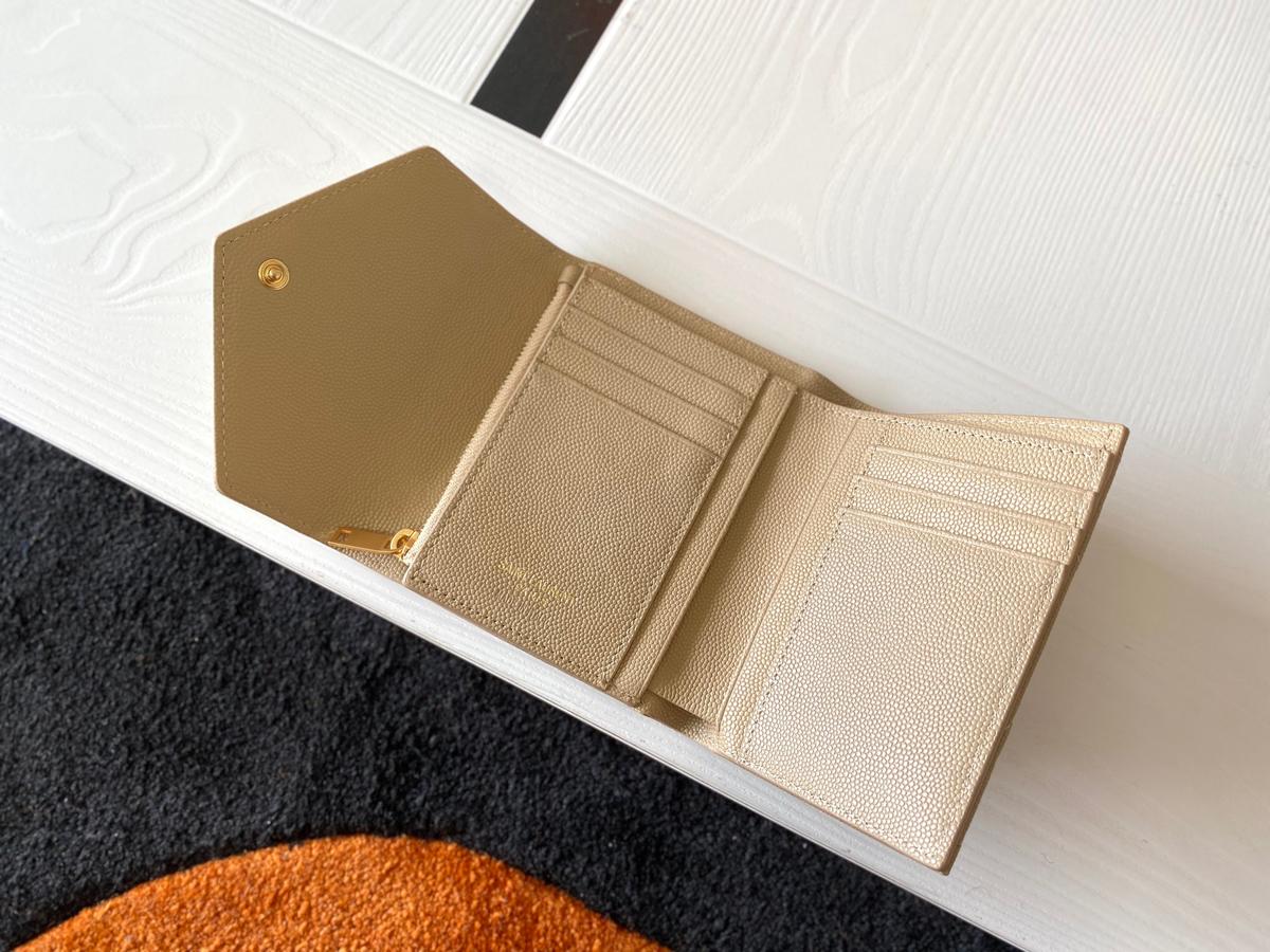 Saint Laurent Cassandre Matelaseé Compact Tri Fold Wallet Dark Beige For Women 4.9in/12.5cm 403943BOW012721 YSL
