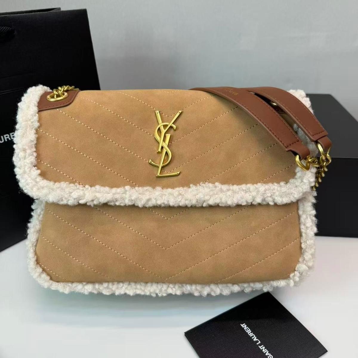 Saint Laurent Taupe Shearling Medium Niki Bag Brown For Women, Women's Bags 8.66in/22cm YSL