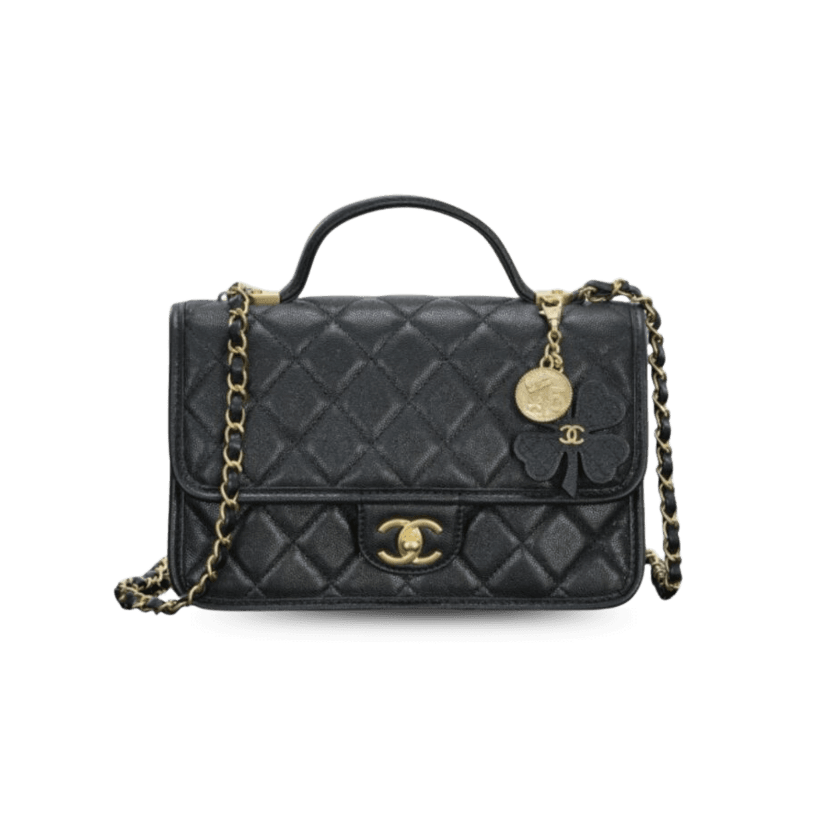 Chanel 25B Four Leaf Clover Top Poignée Sac 9.8in/ 25cm Black Gold Hardware pour femmes -