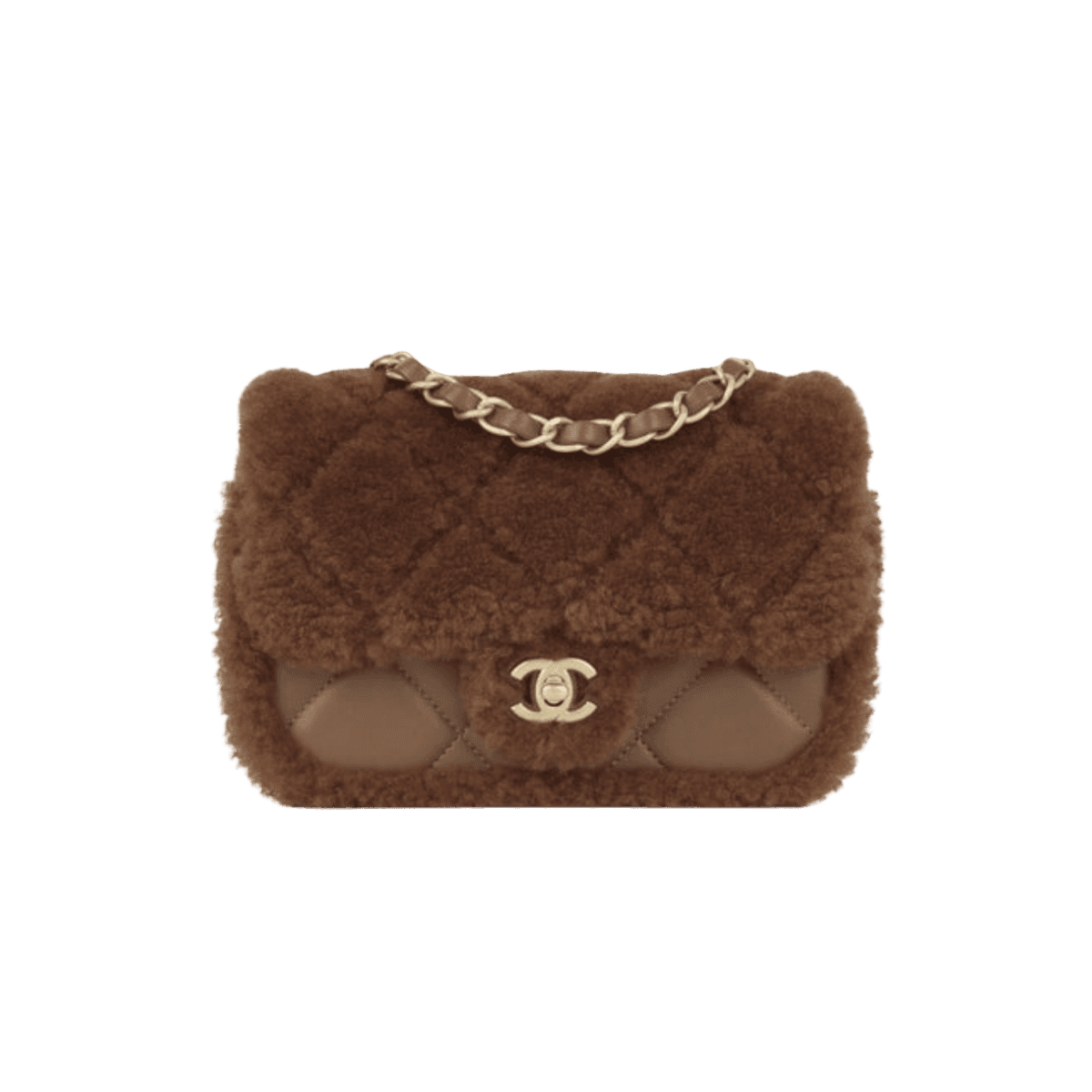 Chanel Flap Bag Shearling Mini Crossbody 7.1in/ 18cm Dark Brown Gold Hardware For Women
