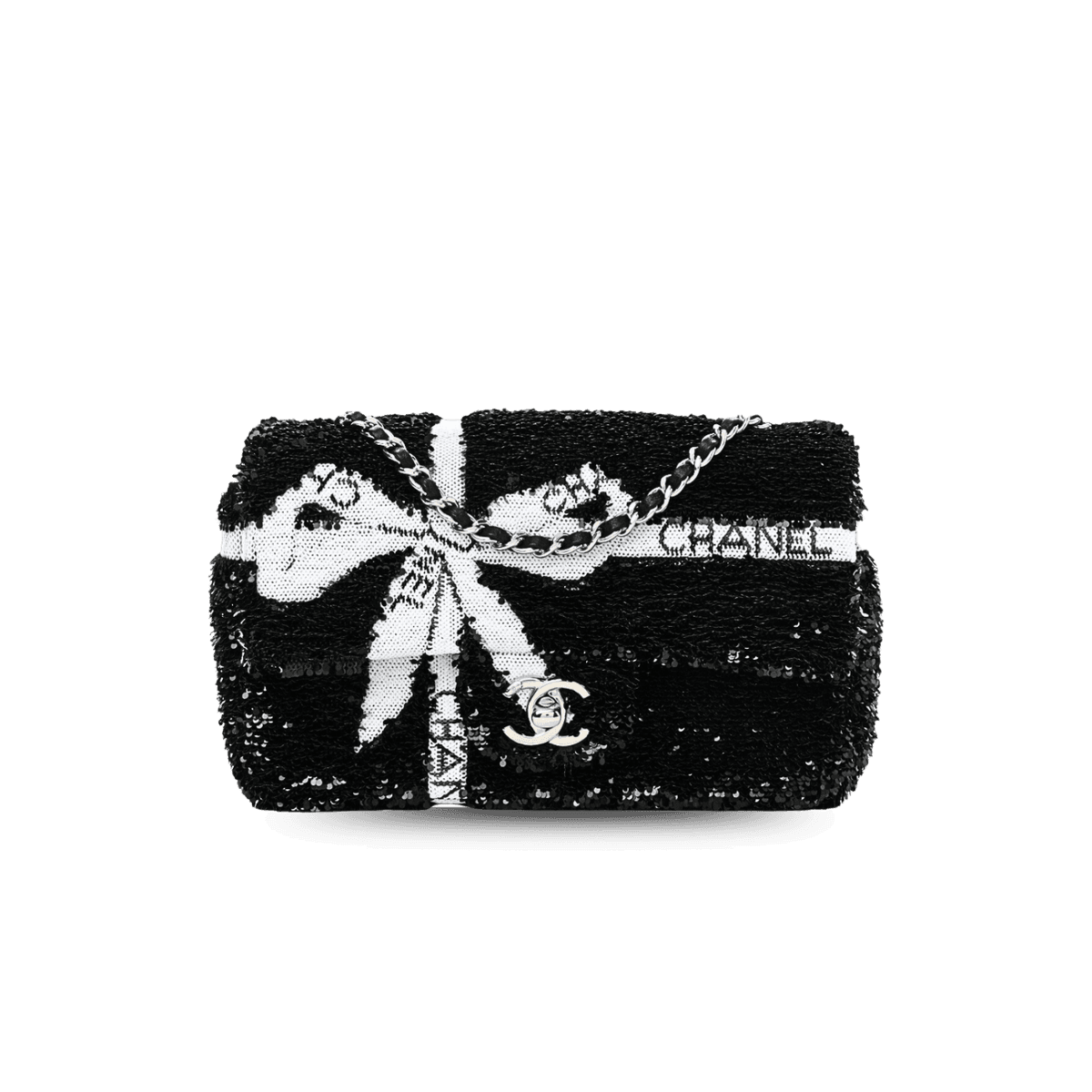 Chanel Bow Flap Mini Crossbody Sac 7.9in/ 20cm Noir Sequin Argent Matériel pour femmes
