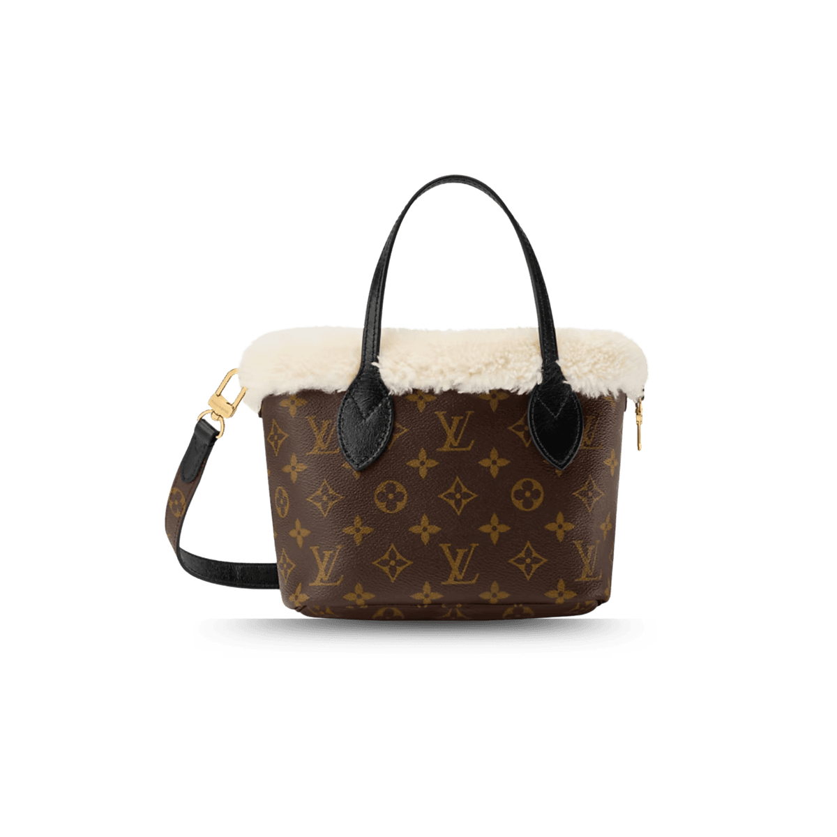 Louis Vuitton Neverfull Bandouliere Inside Out BB Tote Bag 10.4in/ 26cm Monogram Shearling Gold Hardware For Women M26315