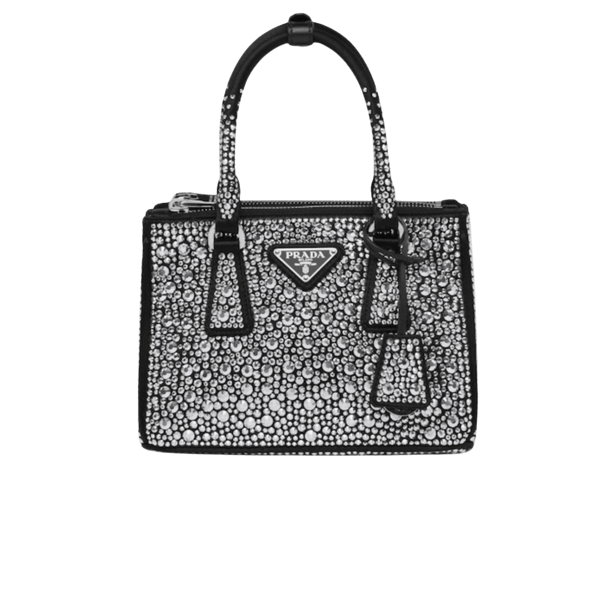 Prada Galleria Satin Mini sac de poignée supérieure 7,9 po/ 20 cm avec des cristaux Black Silver Hardware pour les femmes 1BA906 2AWL F063R V EOY