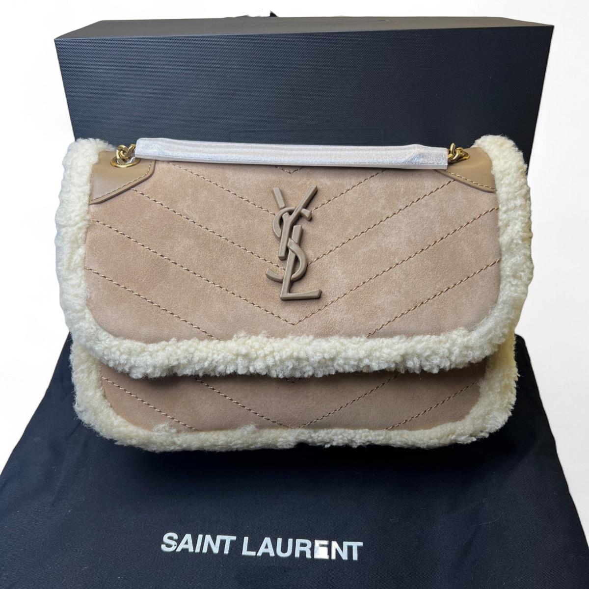 Saint Laurent Niki Shearling Medium Shoulder Bag 8.66in/ 22cm Brown Gold Hardware For Women