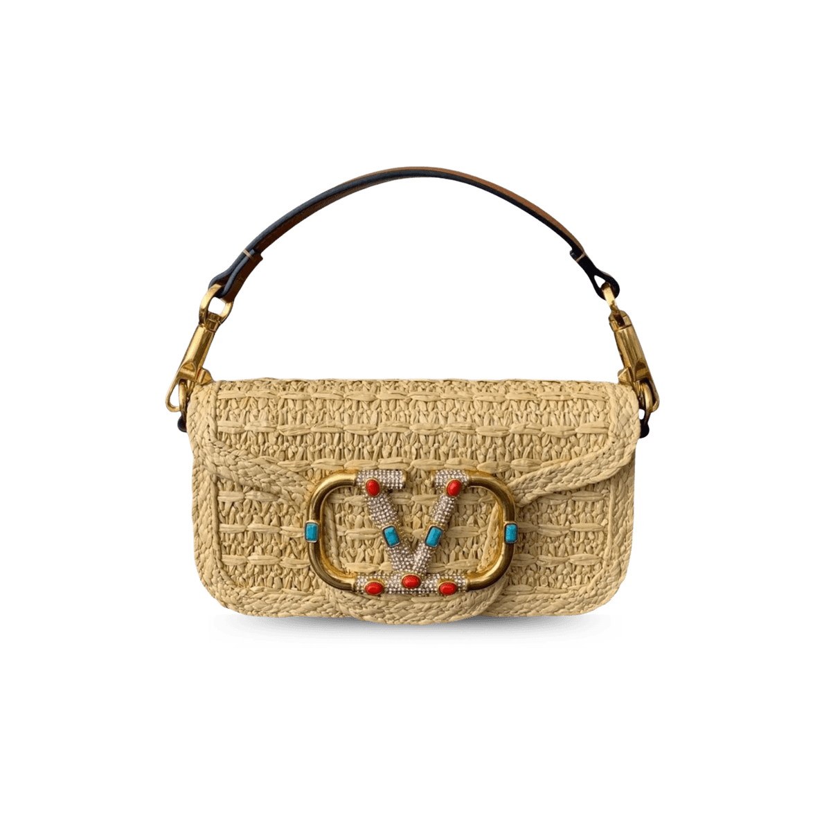Valentino Garavani Loco Petit sac à épaule 7,9 po/ 20 cm Beige Raffia Or Matériel pour femmes