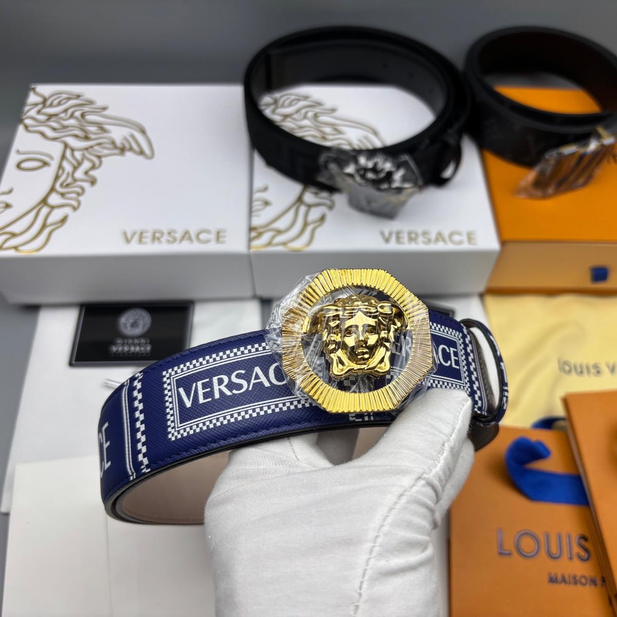 Versace Medusa Buckle Logo Leather Belt Navy 4cm For Men