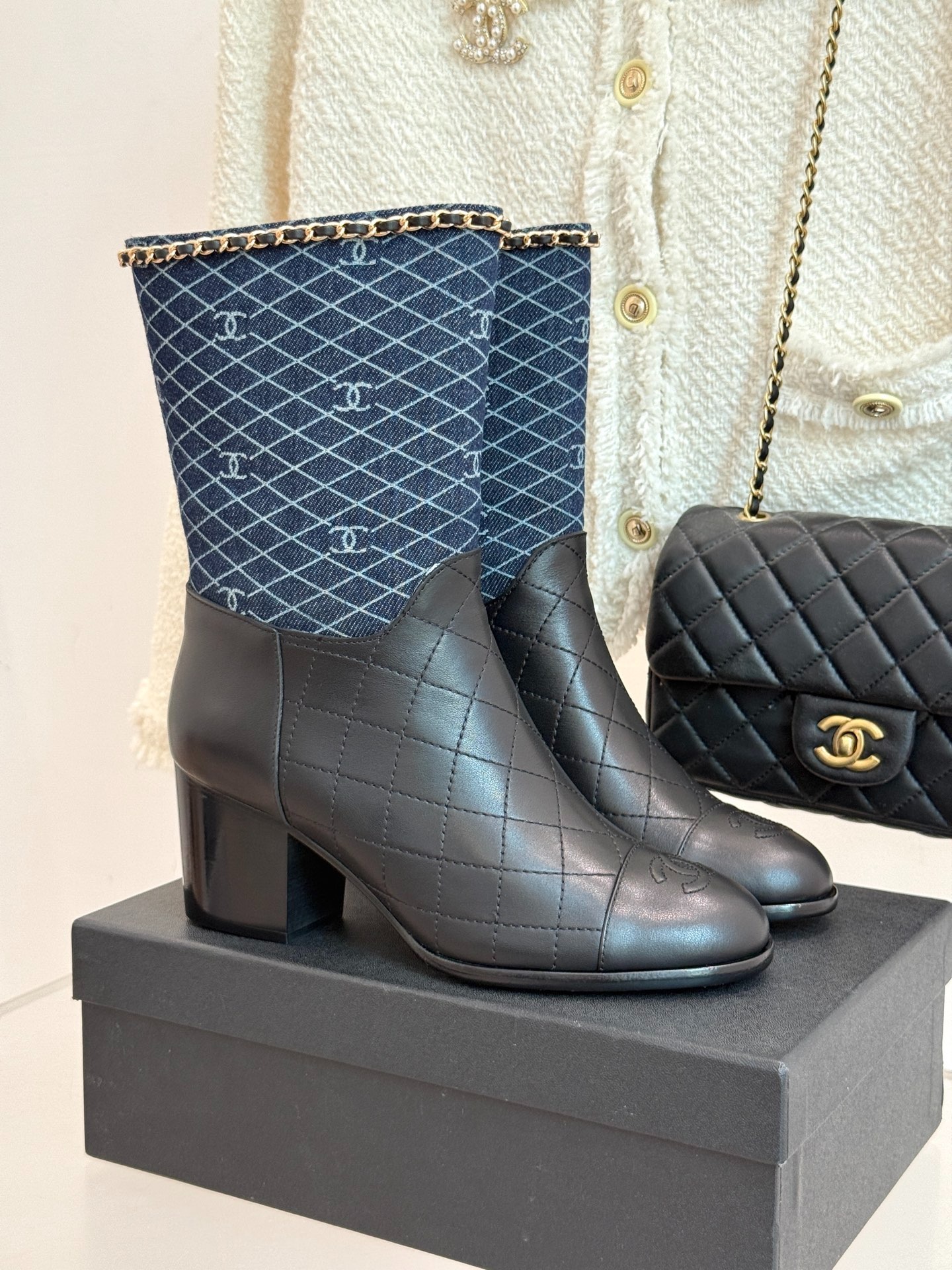 Chanel Double C Chunky Heel Boots With Chain Detail Blue Denim For Women