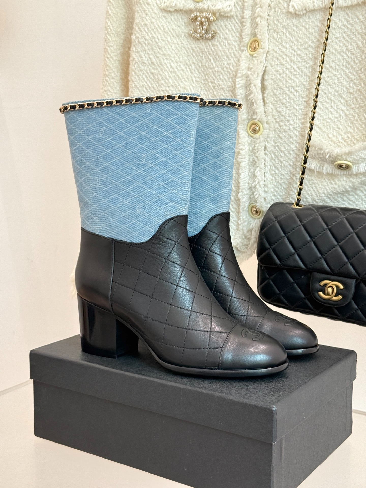 Chanel Double C Chunky Heel Boots With Chain Detail Light Blue Denim For Women