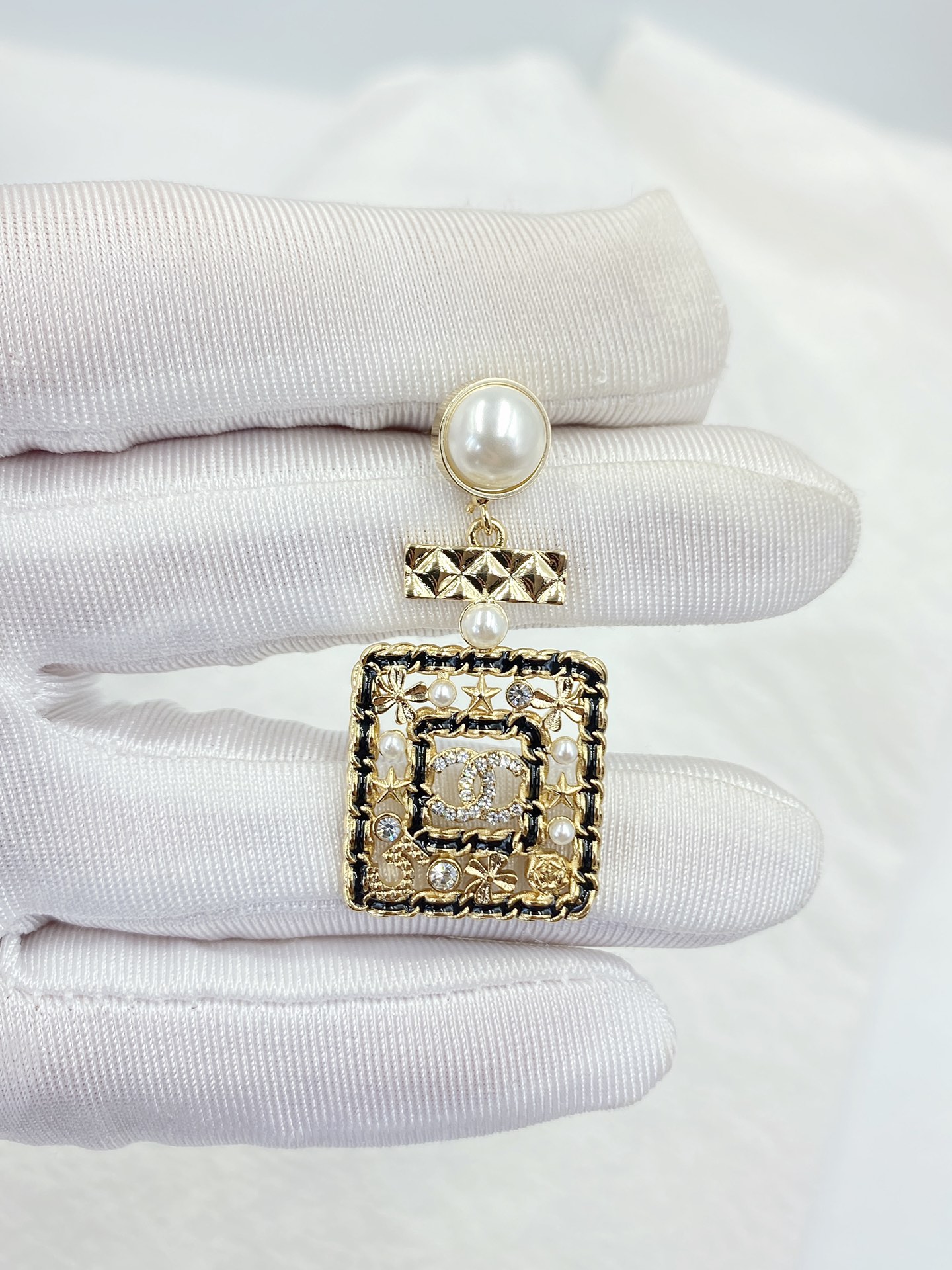 Chanel Douple Black Border Square Frame Earrings Gold Tone For Women
