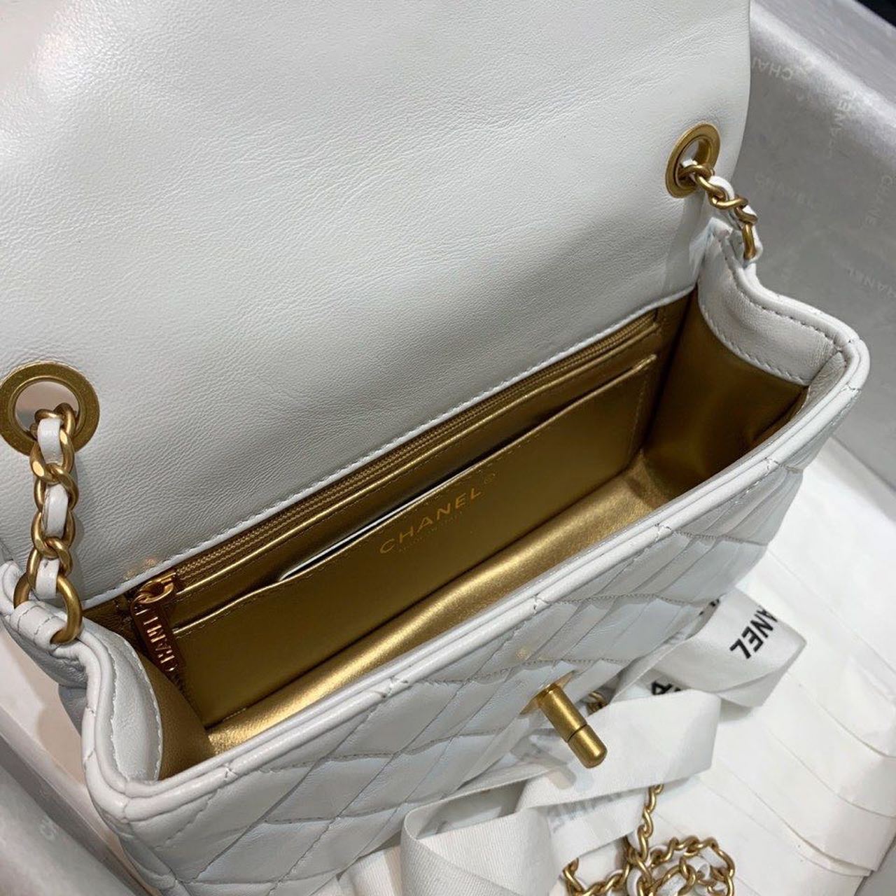 Chanel Flap Bag With CC Ball On Strap Mini Crossbody 7.8in/ 20cm White Gold Hardware For Women AS1787