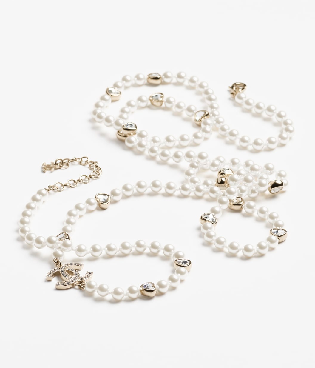 Chanel Long Necklace Gold Pearly White & Crystal For Women