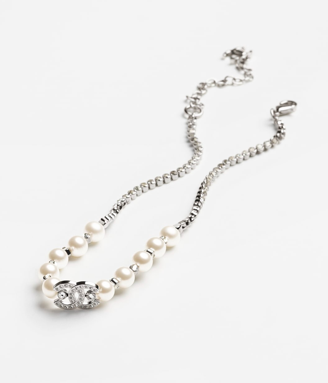 Chanel Pearl & CC Necklace Silver Pearly White For Women