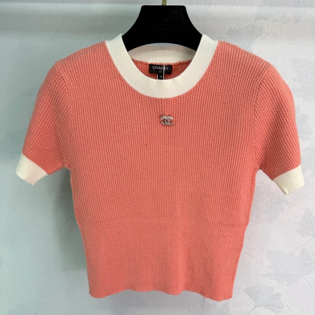 Chanel Ribbed Short Sleeve T-Shirt Coral For Women