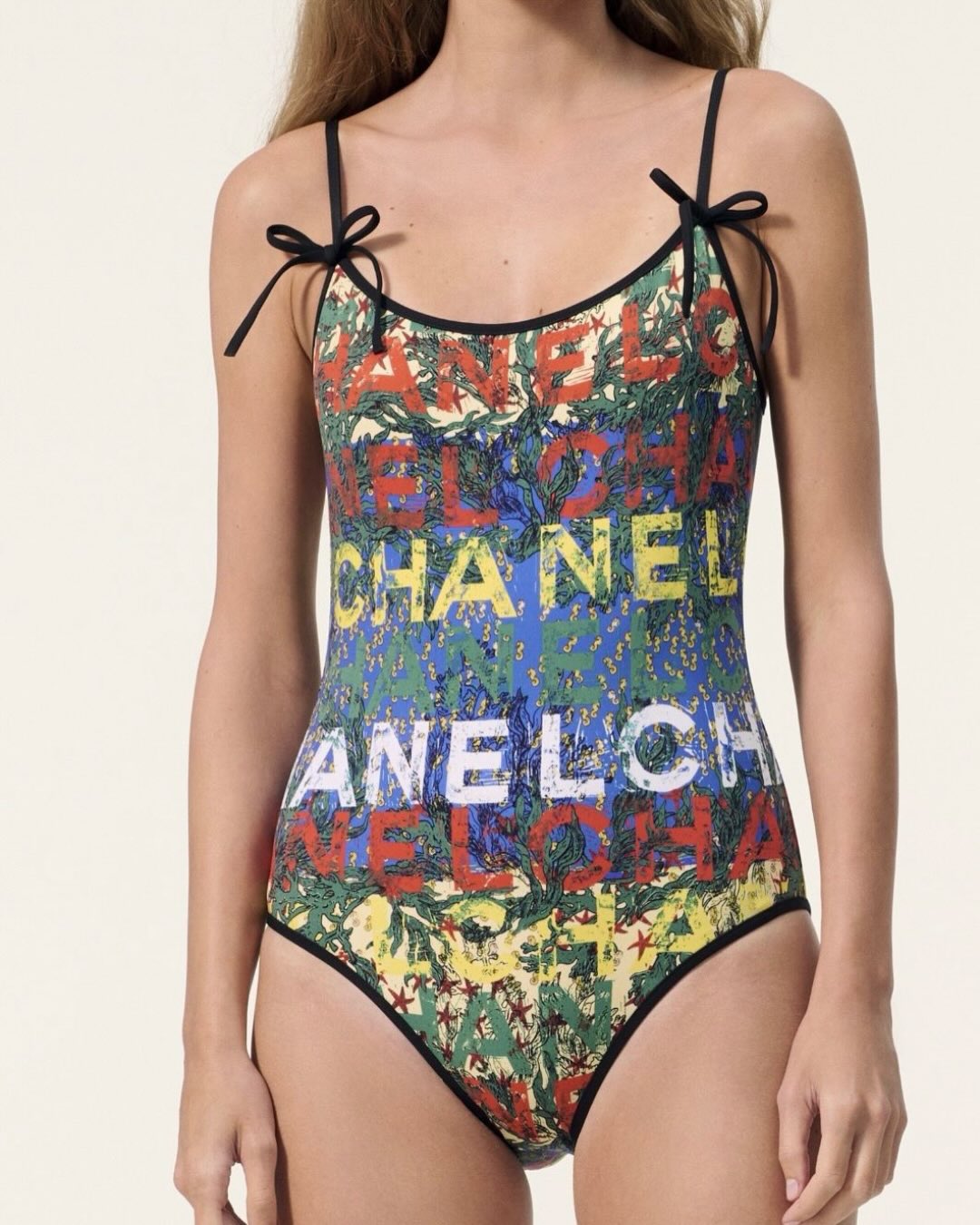 Chanel Vintage Graffiti Logo One-Piece Swimsuit Multicolor/ Blue For Women