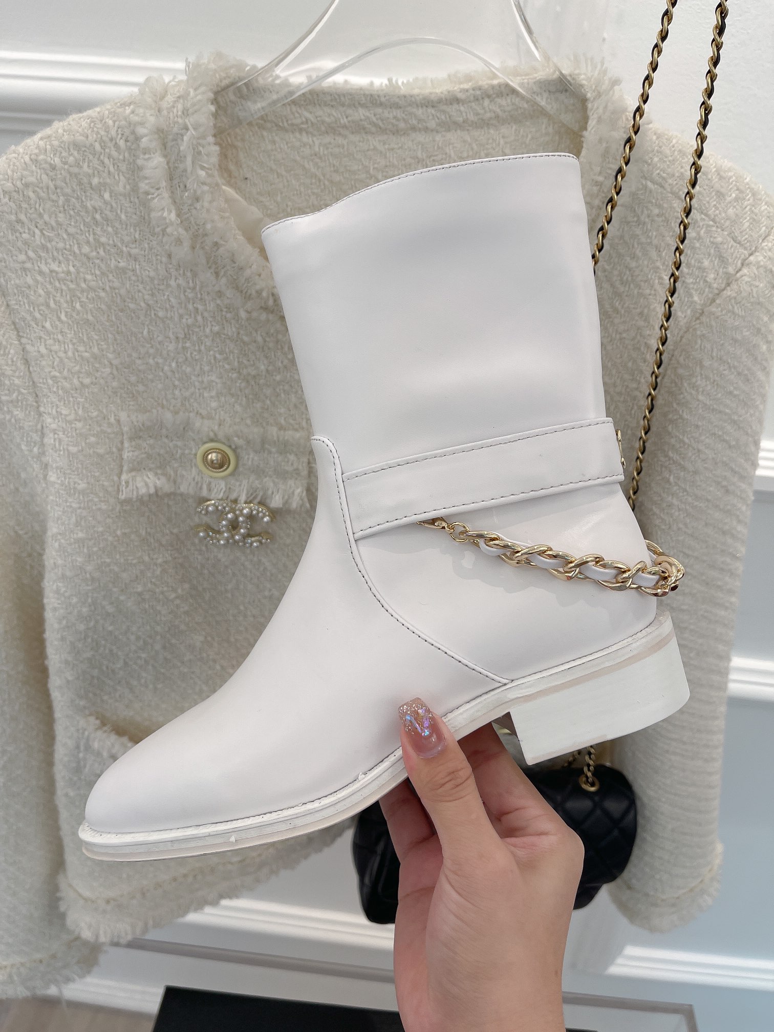 Chanel Women's Ankle Boots With Chain White For Women 1.5in/4cm