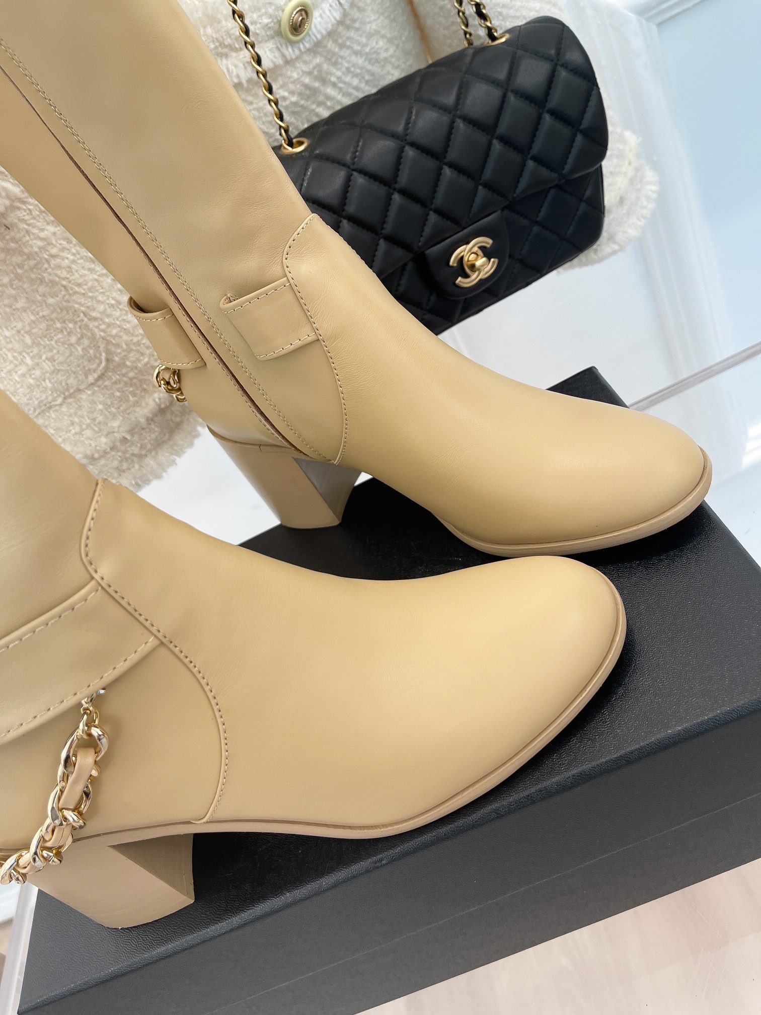 Chanel Women's High Boots With Chain Beige For Women 3.7in/ 9.5cm