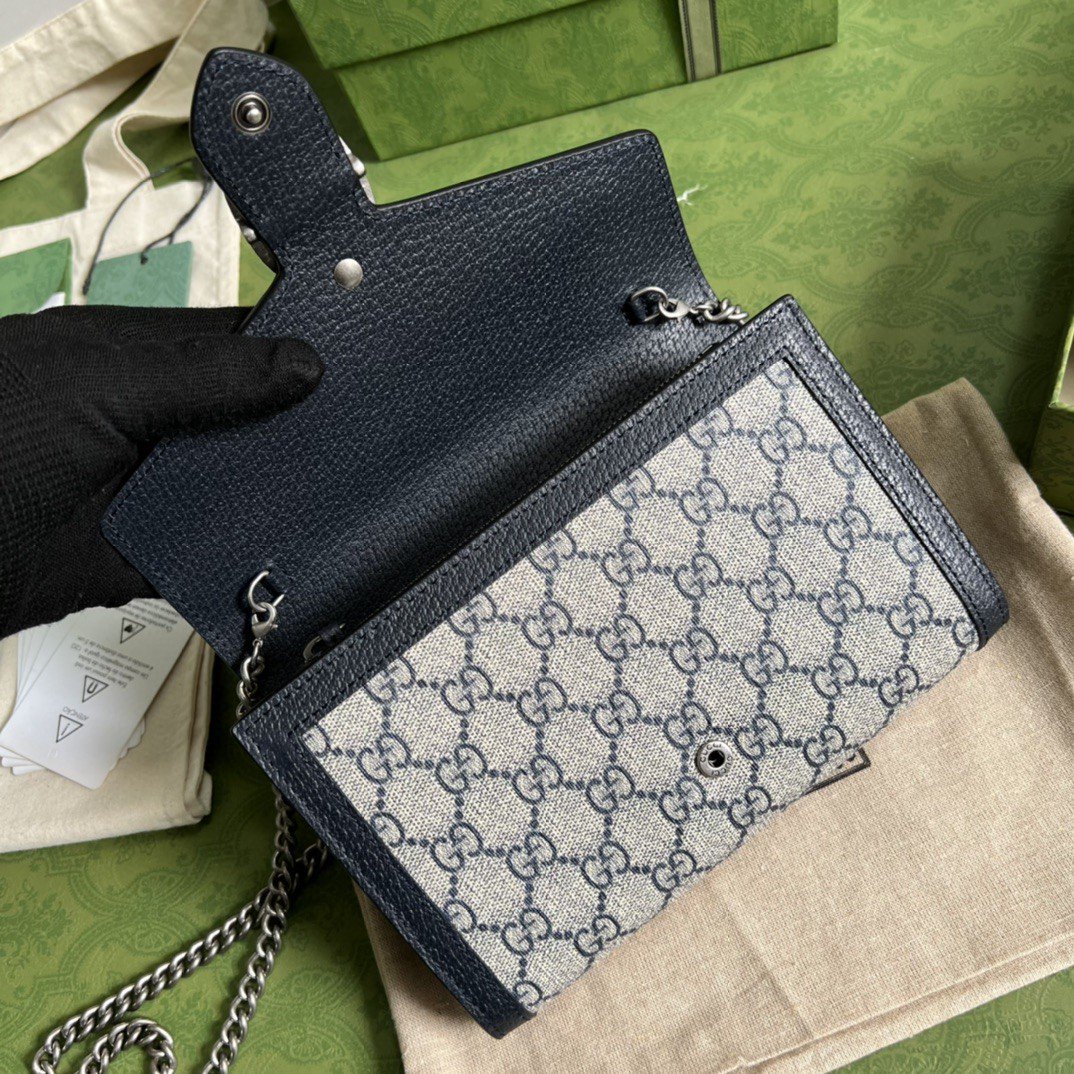 Gucci Dionysus Chain Wallet Shoulder Bag 8in/ 20cm Beige/ Blue GG Supreme Canvas Palladium Hardware For Women 401231 K9GSN 4075