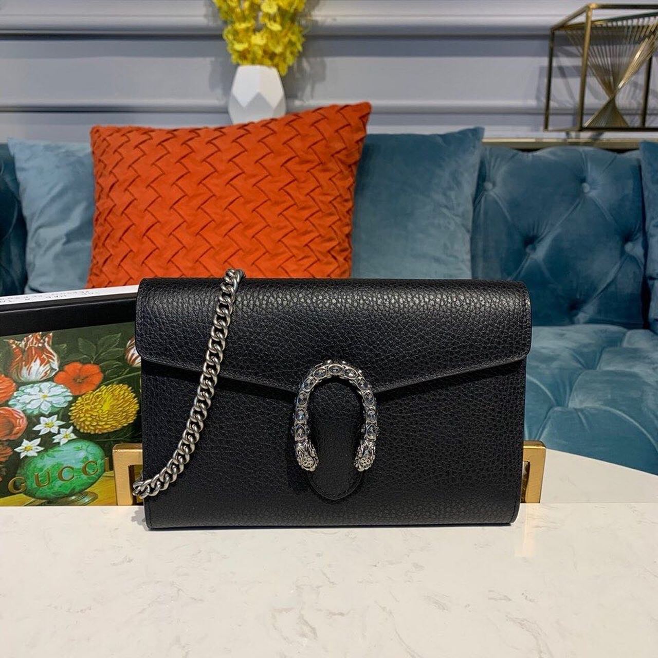 Gucci Dionysus Mini Chain Shoulder Bag 8in/ 20cm Emerald Black Metal-Free Tanned Antique Silver Hardware For Women 401231 CAOGN 8176