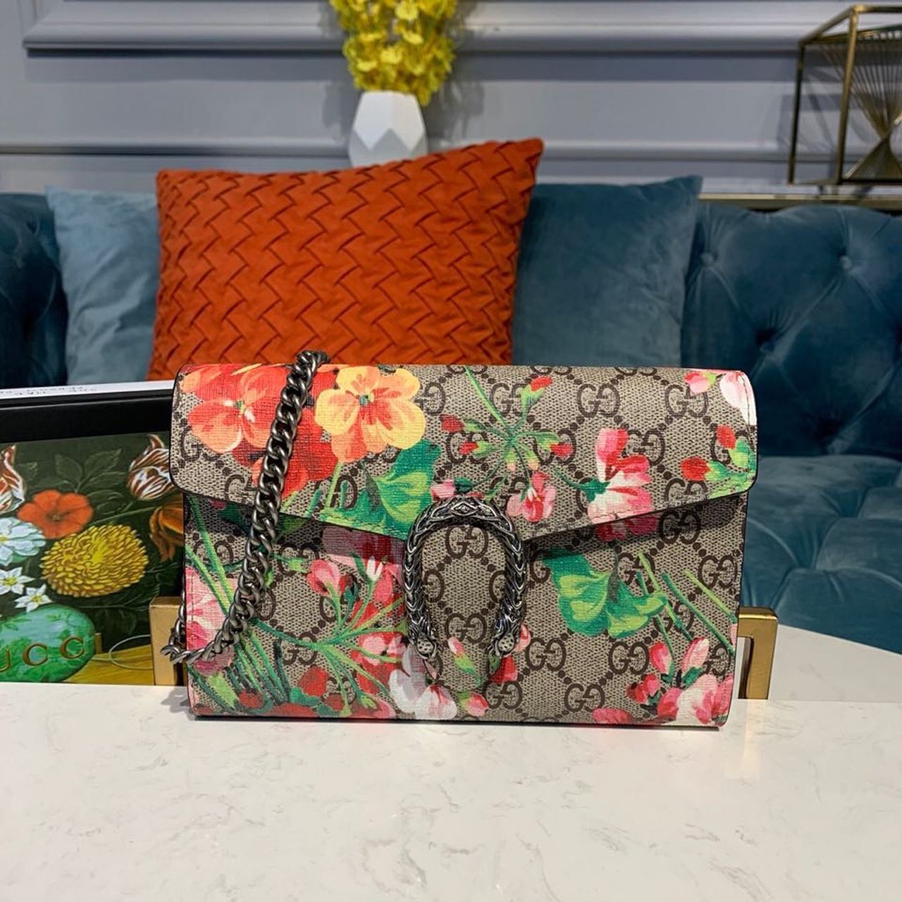Gucci GG Supreme Blooms Dionysus Wallet On Chain Crossbody Bag 8in/ 20cm Multicolor Antiqued Silver Hardware For Women