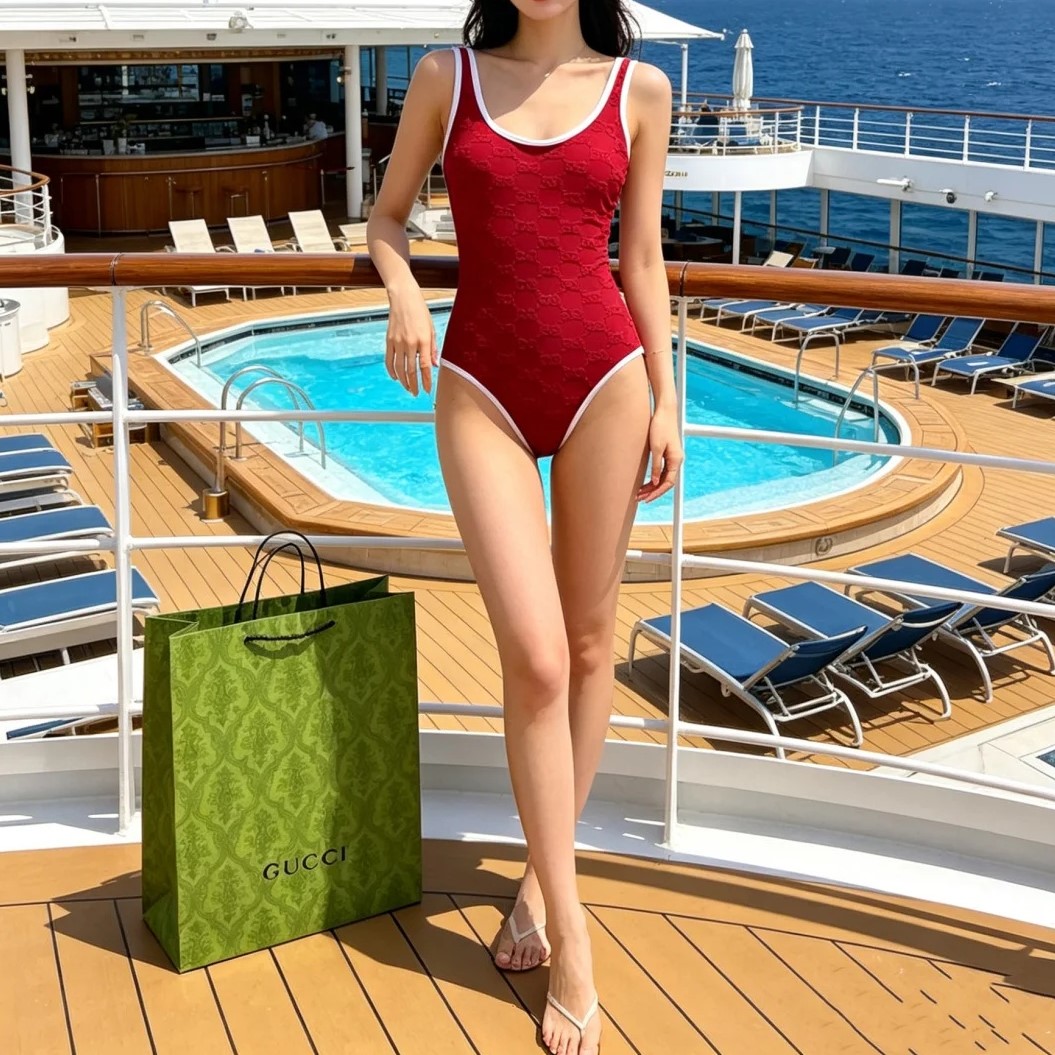 Gucci GG Jacquard One-Piece Swimsuit Red For Women