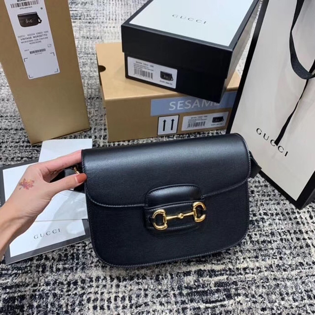 Gucci Horsebit 1955 Shoulder Bag Black Textured With A Vintage Effect For Women 9.8in/25cm GG 602204 1DB0G 1000