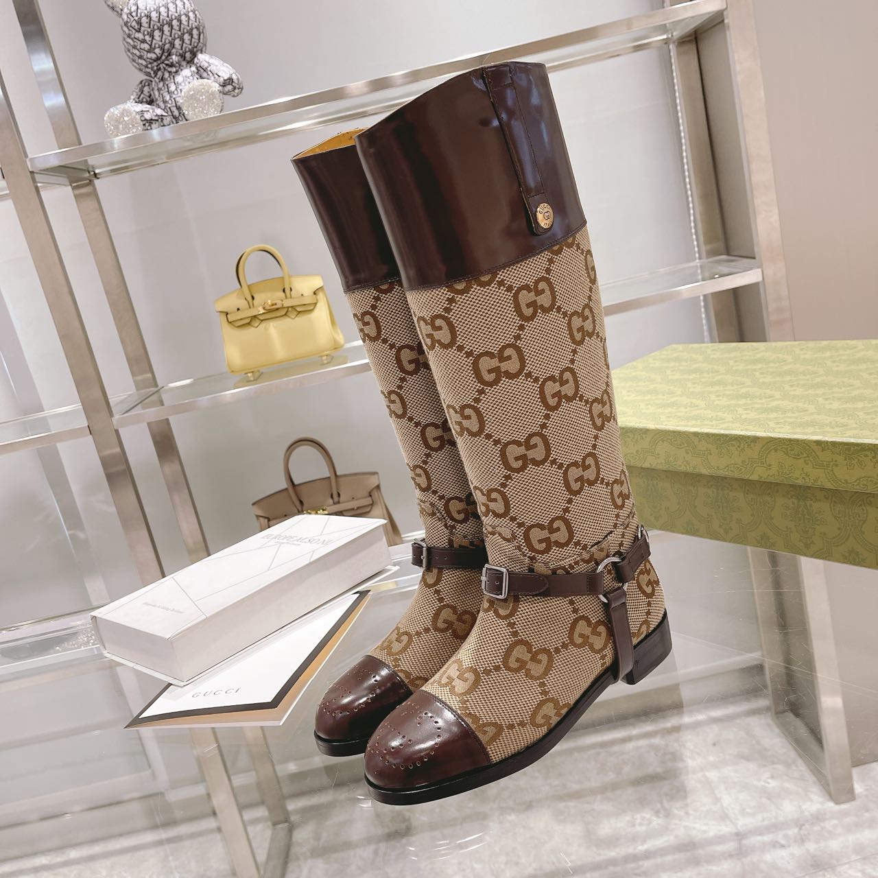 Gucci Knee-High Boots With Harness Beige For Women GG 674673 UKO50 2597