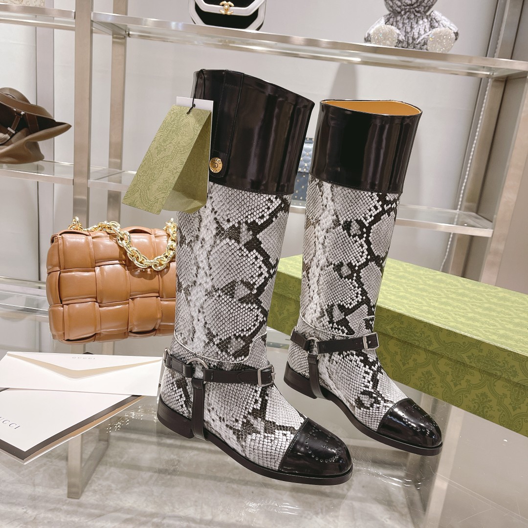 Gucci Knee-High Python Boots With Harness White For Women GG