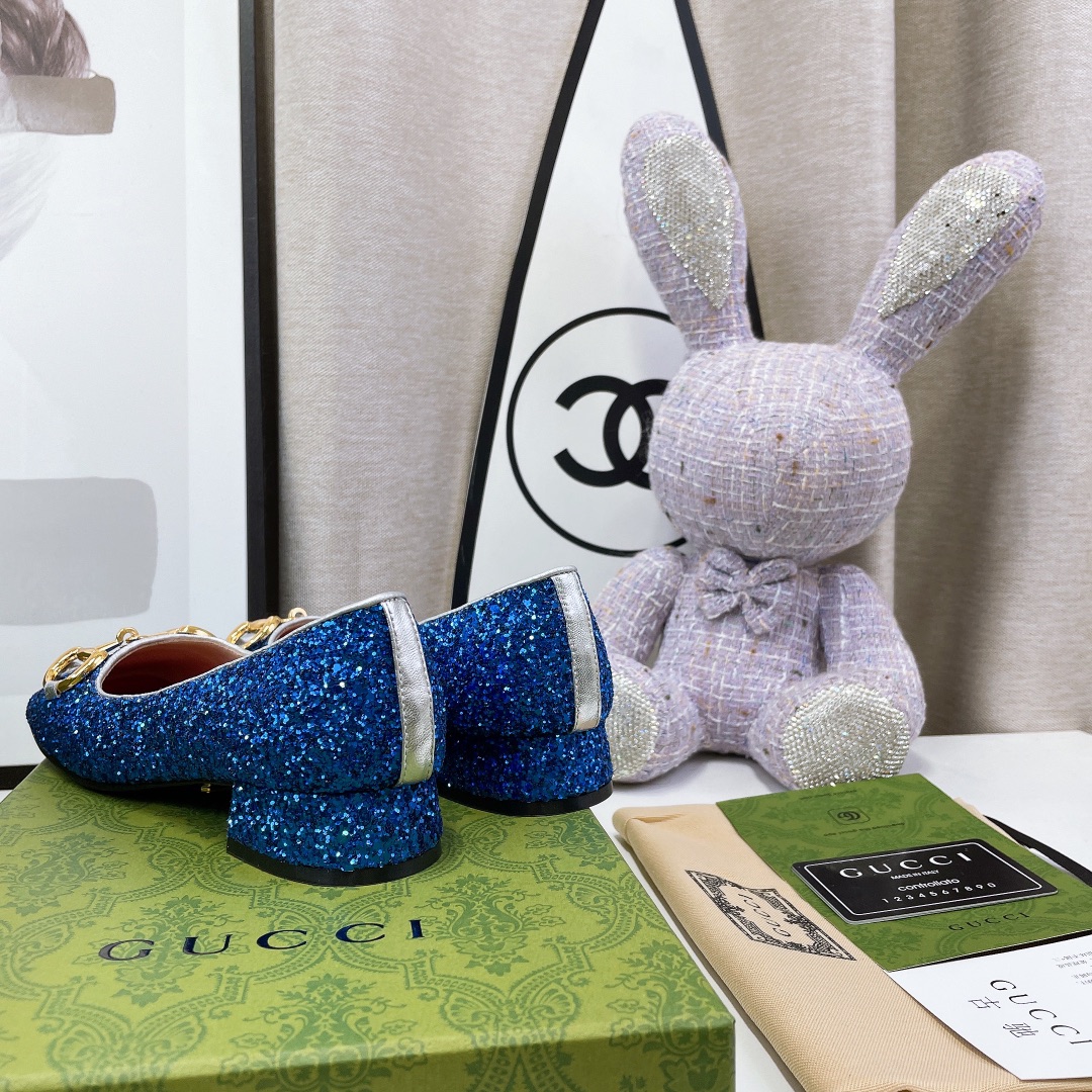Gucci Lovelight Crystal Ballet Flats With Horsebit Blue For Women GG
