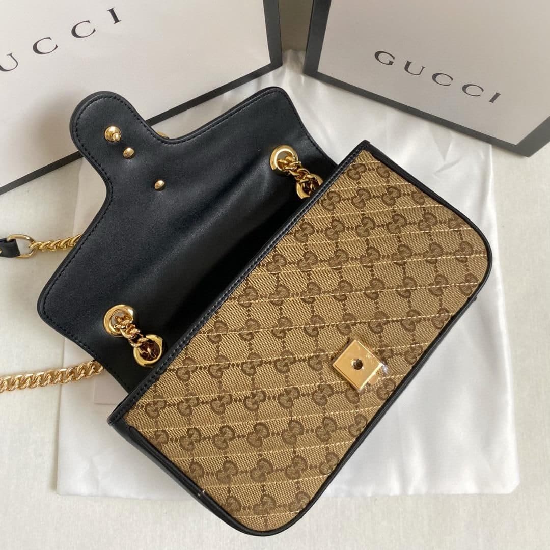 Gucci Marmont Small Shoulder Bag Beige/Ebony Diagonal Matelassé Original GG Canvas For Women 10in/26cm 443497 HVKEG 9772