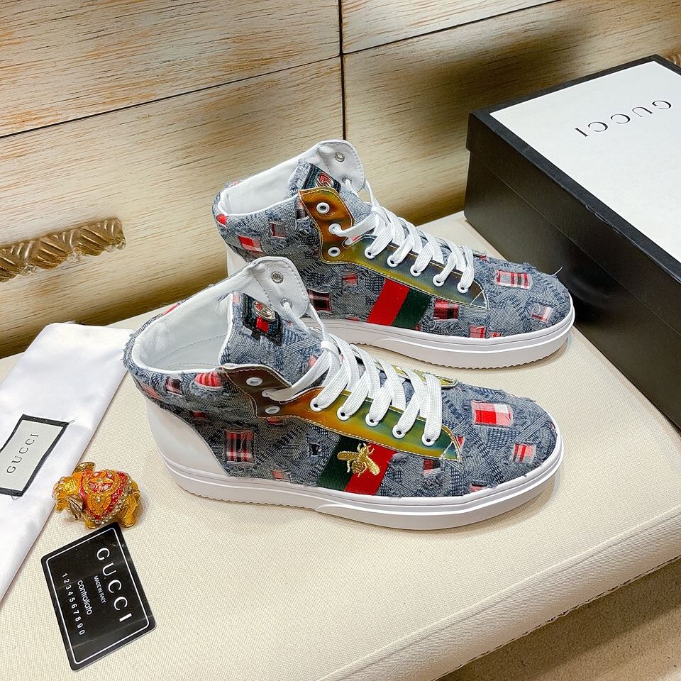 Gucci Men's Basket Jean's High Top With Bee Sneaker Blue For Men